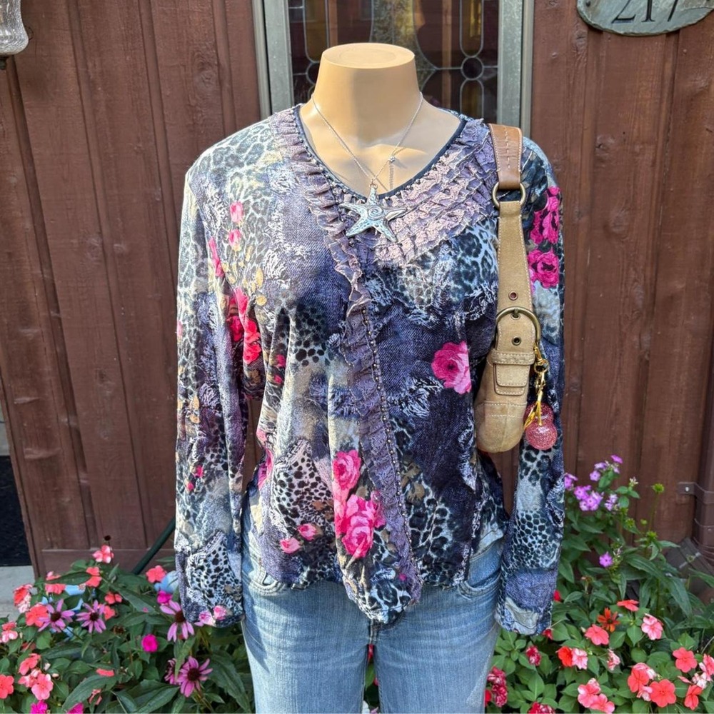 Y2K 2000s avant garde Floral Animal Print Ruffle Long Sleeve Top